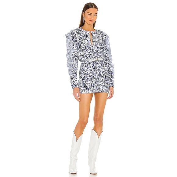 NWT Isabel Marant Étoile Lexini Paisley Ruffle Cotton Mini Dress in Blue Size 34 - Picture 1 of 7
